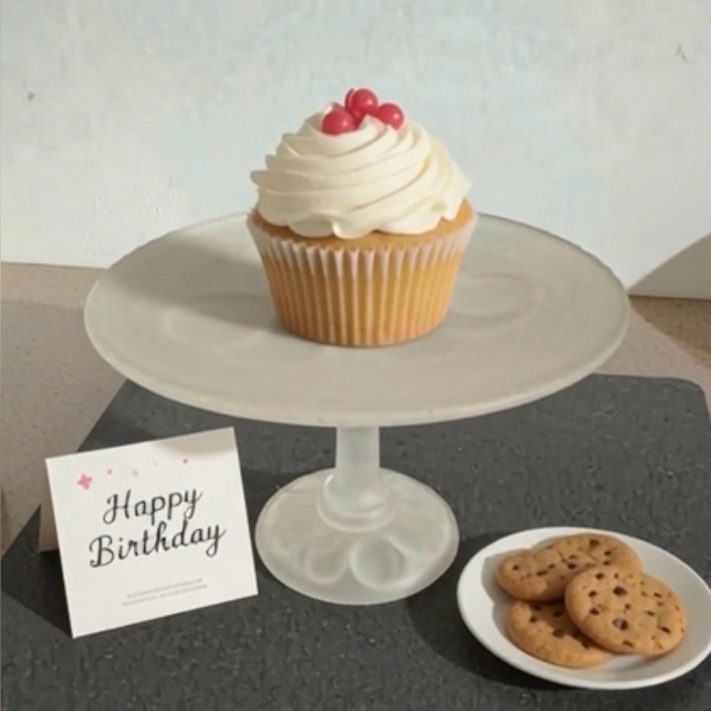 Elegant Frosted Glass Pedestal Cake Stand with press fruit patterns in glass